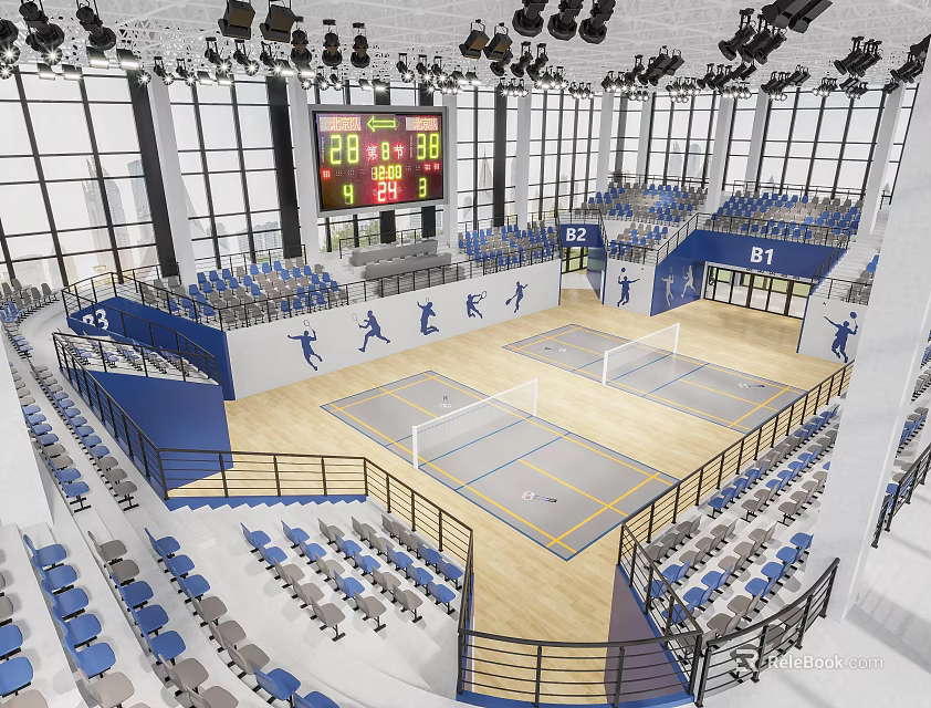 Modern Indoor Sports Fitness Arena With Multiple Courts Blue Seats Digital Scoreboard And Wooden Flooring 3d model 