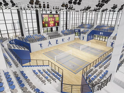 Modern Indoor Sports Fitness Arena With Multiple Courts Blue Seats Digital Scoreboard And Wooden Flooring 3d model