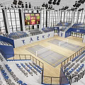 Modern Indoor Sports Fitness Arena With Multiple Courts Blue Seats Digital Scoreboard And Wooden Flooring