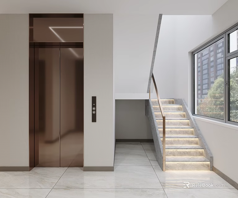 Modern Interior Staircase With Marble Steps Metal Handrail Near Elevator And Large Window 3d model