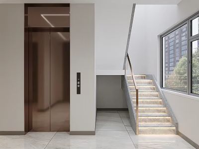 Modern Interior Staircase With Marble Steps Metal Handrail Near Elevator And Large Window 3d model
