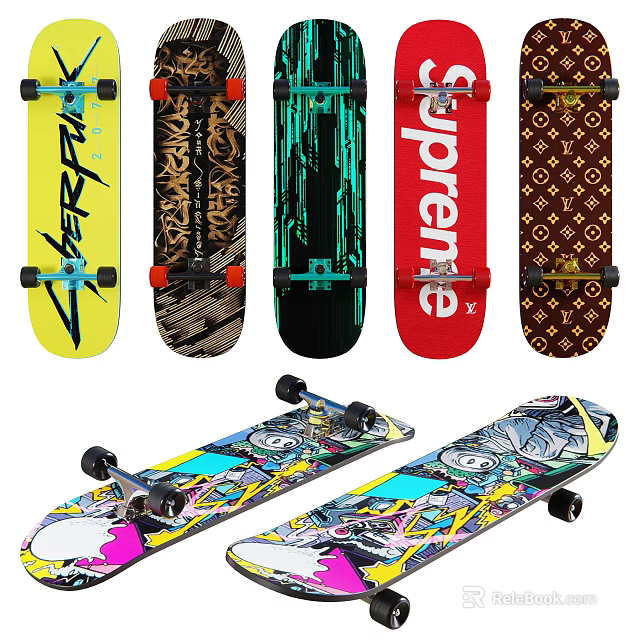 Colorful Skateboards With Various Patterns Designs And Graphics For Sports Activities 3d model 