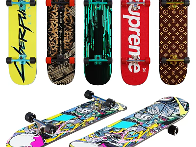 Colorful Skateboards With Various Patterns Designs And Graphics For Sports Activities 3d model
