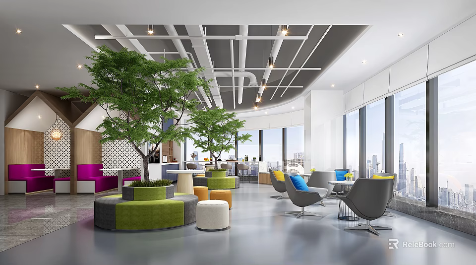 Modern Lounge Area With City View Colorful Furniture And Green Plants 3d model 