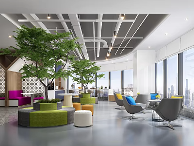 Modern Lounge Area With City View Colorful Furniture And Green Plants 3d model
