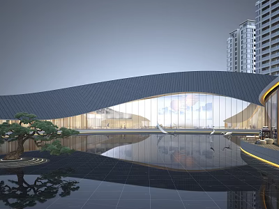 Modern Building With Curved Roof Glass Walls Water Pool Pine Tree And High Rises 3d model
