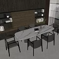 Modern Dining Table Set With Marble Top Dark Chairs Wooden Wall And Natural Light
