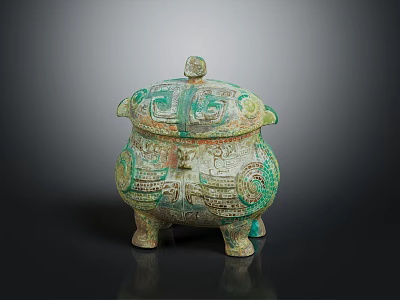 Animal Decorated Ancient Bronze Ritual Vessel With Green Patina And Intricate Design 3d model