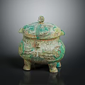 Animal Decorated Ancient Bronze Ritual Vessel With Green Patina And Intricate Design