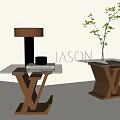 Modern Side Tables with X Shaped Golden Base Black Glass Top and Green Plant