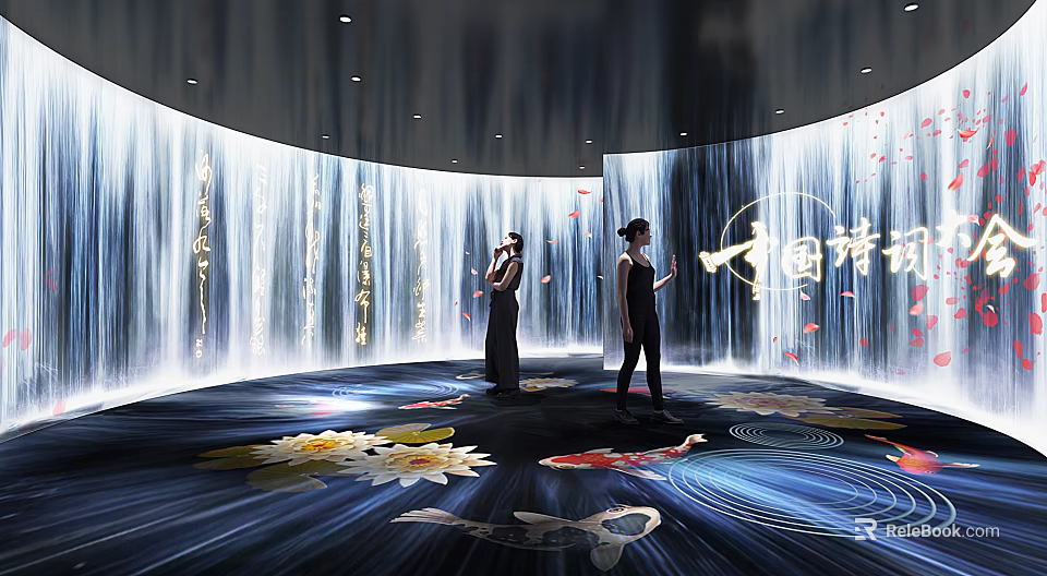 Modern Immersive Exhibition Hall Featuring Water Curtain Projection With Lotus Flowers And Koi Fish 3d model 