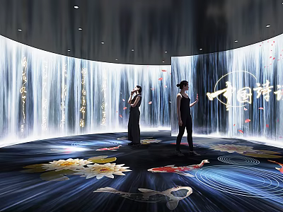 Modern Immersive Exhibition Hall Featuring Water Curtain Projection With Lotus Flowers And Koi Fish 3d model