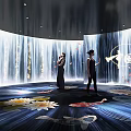 Modern Immersive Exhibition Hall Featuring Water Curtain Projection With Lotus Flowers And Koi Fish