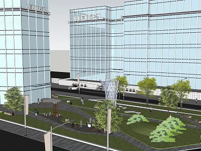 Modern Glass High Rise Buildings Around Urban Green Square With Trees And Pathway 3d model