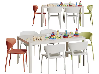 Kids Play Table With Colorful Chairs And Building Blocks For Children 3d model