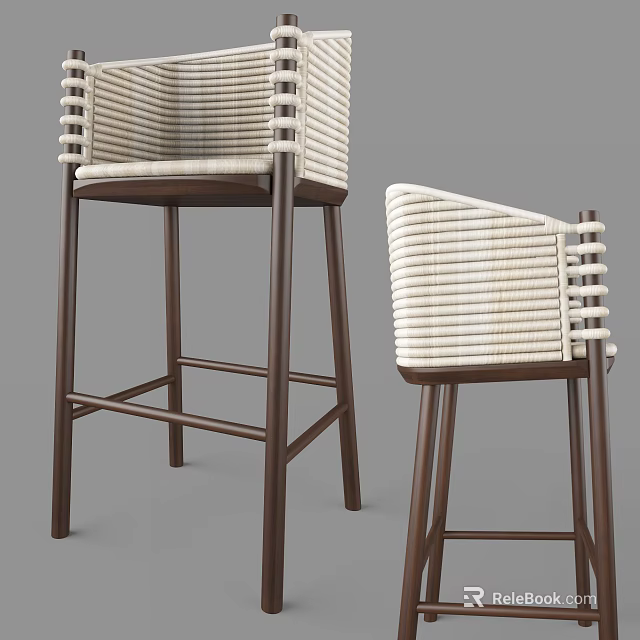 Stylish Wicker Bar Stools With Wooden Legs And Curved Backrest Design 3d model 