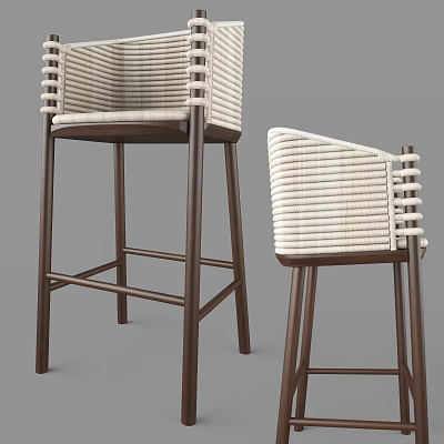 Stylish Wicker Bar Stools With Wooden Legs And Curved Backrest Design 3d model
