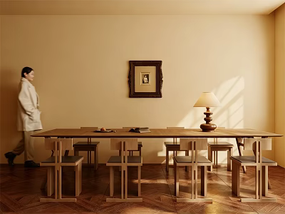 Long Wooden Dining Table With Chairs Beige Wall Framed Painting And Table Lamp 3d model