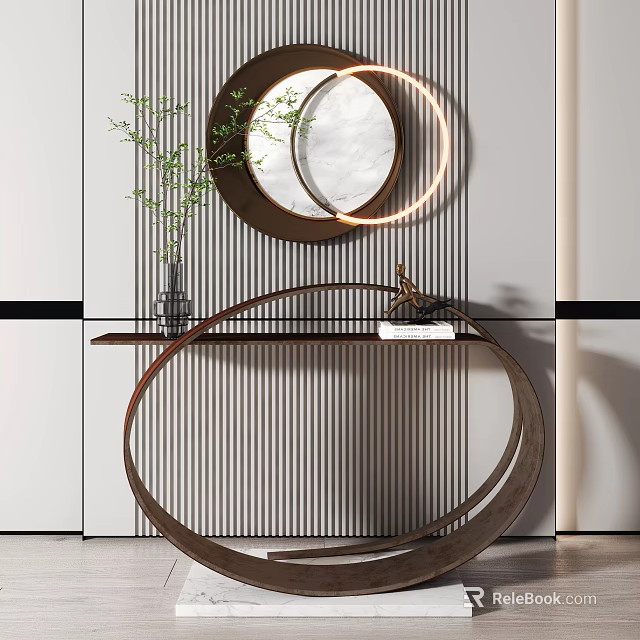 Modern Console Table Design With Circular Mirror Green Plant And Vase 3d model
