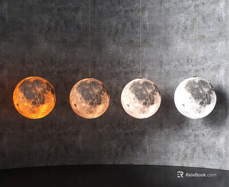Four Moon Shaped Pendant Lights Hanging With Gradient Tones Against Gray Wall Background 3d model 