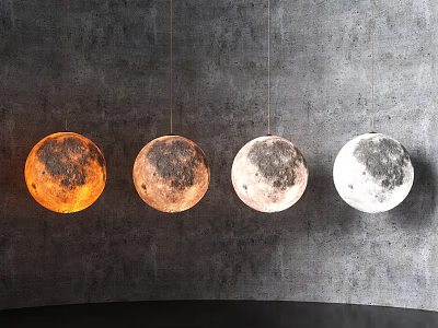 Four Moon Shaped Pendant Lights Hanging With Gradient Tones Against Gray Wall Background 3d model
