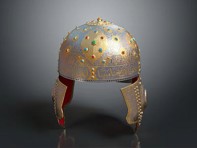 Vintage Ornate Metallic Helmet With Colorful Gemstones And Carved Details 3d model