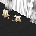 Plush Sheep Dolls On Wooden Carts With Dark Wood Flooring And White Curtains