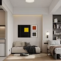 Cozy Modern Apartment Bedroom With Bookshelves Desk Monitor And Cat On Round Rug