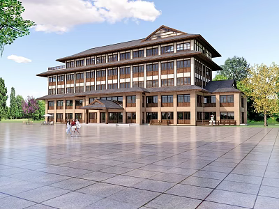 Chinese Style Post House Traditional Multi Story Architecture With Courtyard Plaza And Green Trees 3d model