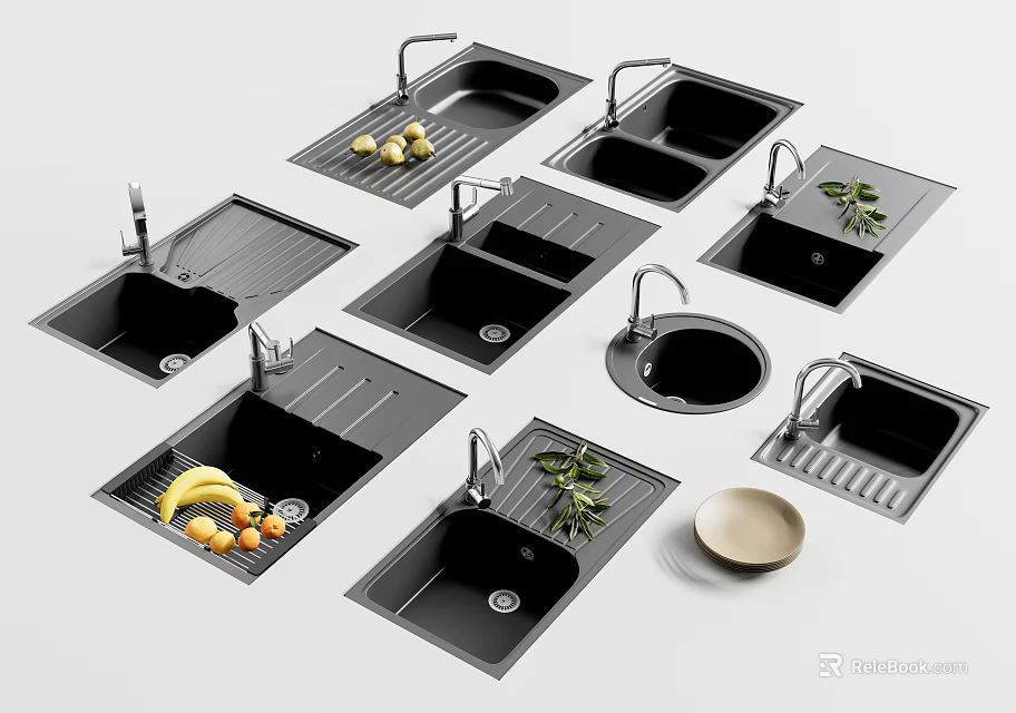 Modern Kitchen Sinks In Black Design With Single Double Bowls And Fruit Decor 3d model 