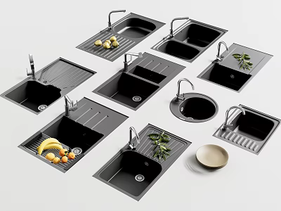 Modern Kitchen Sinks In Black Design With Single Double Bowls And Fruit Decor 3d model