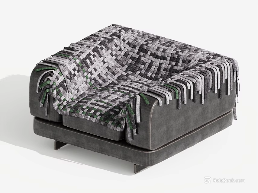 Modern Gray Single Sofa with Woven Patterned Blanket and Fringe Trim 3d model 