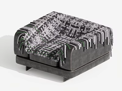 Modern Gray Single Sofa with Woven Patterned Blanket and Fringe Trim 3d model