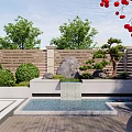 Courtyard Garden Design With Trees Bushes Rock Small Waterfall Pool Wooden Fence And Red Flowers