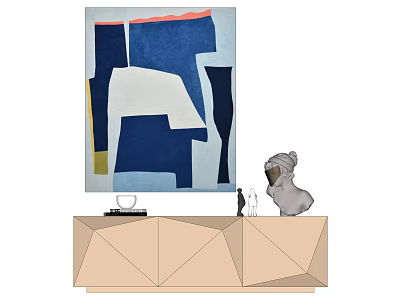 Stylish Geometric Cabinet With Abstract Painting Sculpture And Decorative Items 3d model