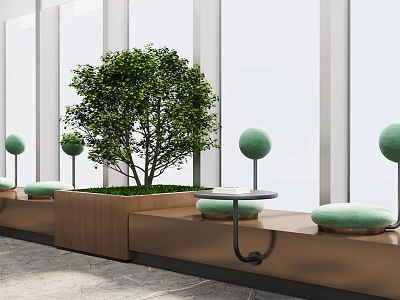 Bright Leisure Area With Large Windows Green Trees Wooden Benches And Green Cushions 3d model