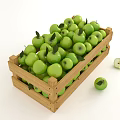 Fresh Green Apples in Wooden Crate with Leaves and Halved Ones Beside