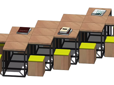 Modular Wooden Table and Stool Combination with Yellow Seats and Books on Tops 3d model