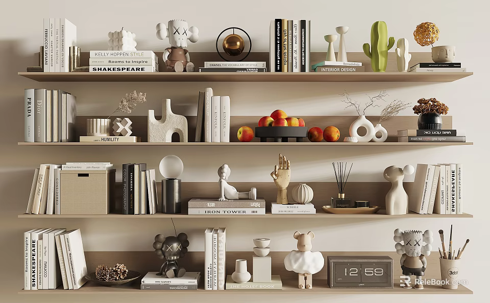 Decorative Ornament Set With Books And Various Decor Items On Shelf 3d model