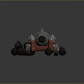 Antique Cannon Displayed on Rustic Red Wooden Planks with Scattered Cannonballs