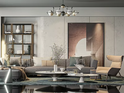 Modern Sofa And Coffee Table Set With Chandelier Artwork Armchair And Pillows In Living Room 3d model