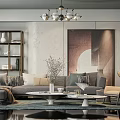 Modern Sofa And Coffee Table Set With Chandelier Artwork Armchair And Pillows In Living Room