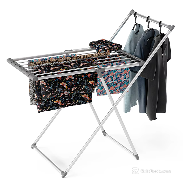 Folding Metal Clothes Drying Rack with Hanging Clothes and Fabrics 3d model