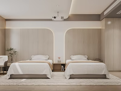 Hotel Guest Room Interior With Two Beds Wooden Walls Nightstands And Minimalist Design Elements 3d model