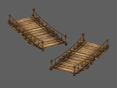 Two Wooden Bridges With Rope Railings And Rustic Plank Design 3d model