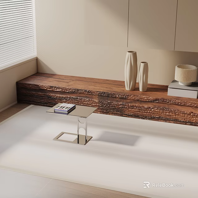Modern Side Table With Metal Frame Near Wooden Bench And Vases Books Wicker Basket 3d model 