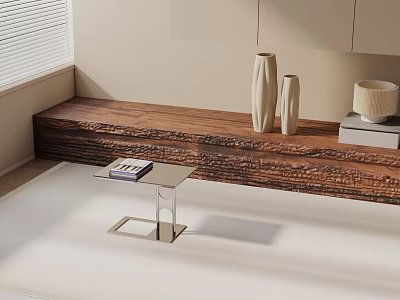 Modern Side Table With Metal Frame Near Wooden Bench And Vases Books Wicker Basket 3d model