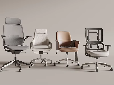 Office Chairs with Various Designs Gray White Brown Wheels and Adjustable Backrests for Modern Workspace 3d model
