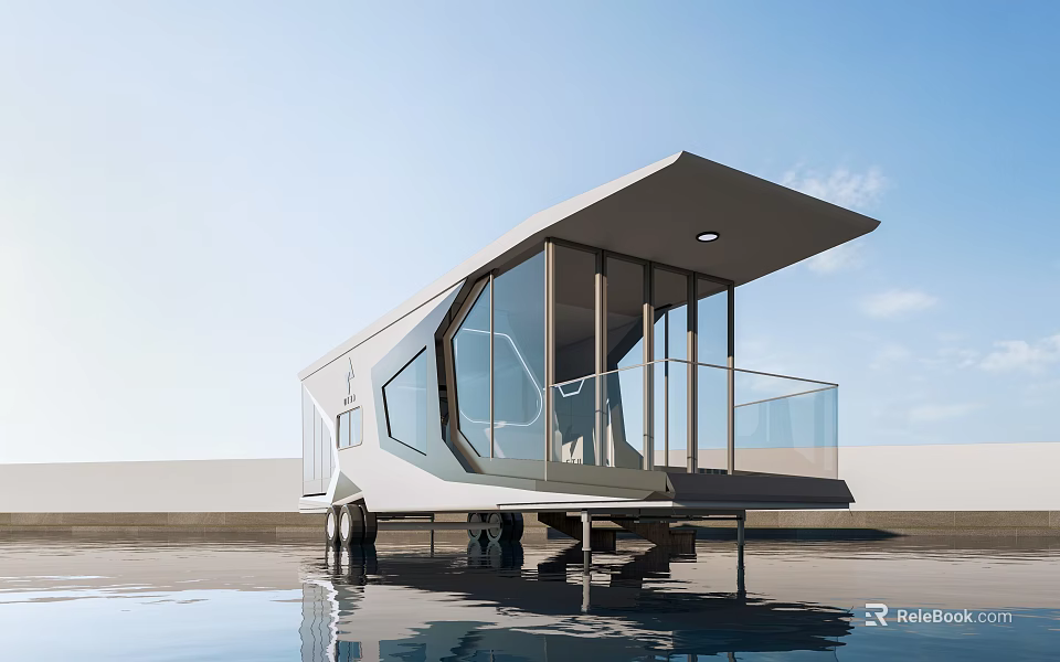 Modern Guesthouse Building With Glass Facade Sloped Roof Over Water Terrace 3d model 