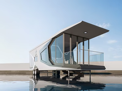 Modern Guesthouse Building With Glass Facade Sloped Roof Over Water Terrace 3d model
